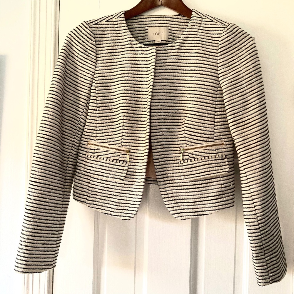 Ann Taylor LOFT Cropped Tweed Blazer Jacket Black White Size 4